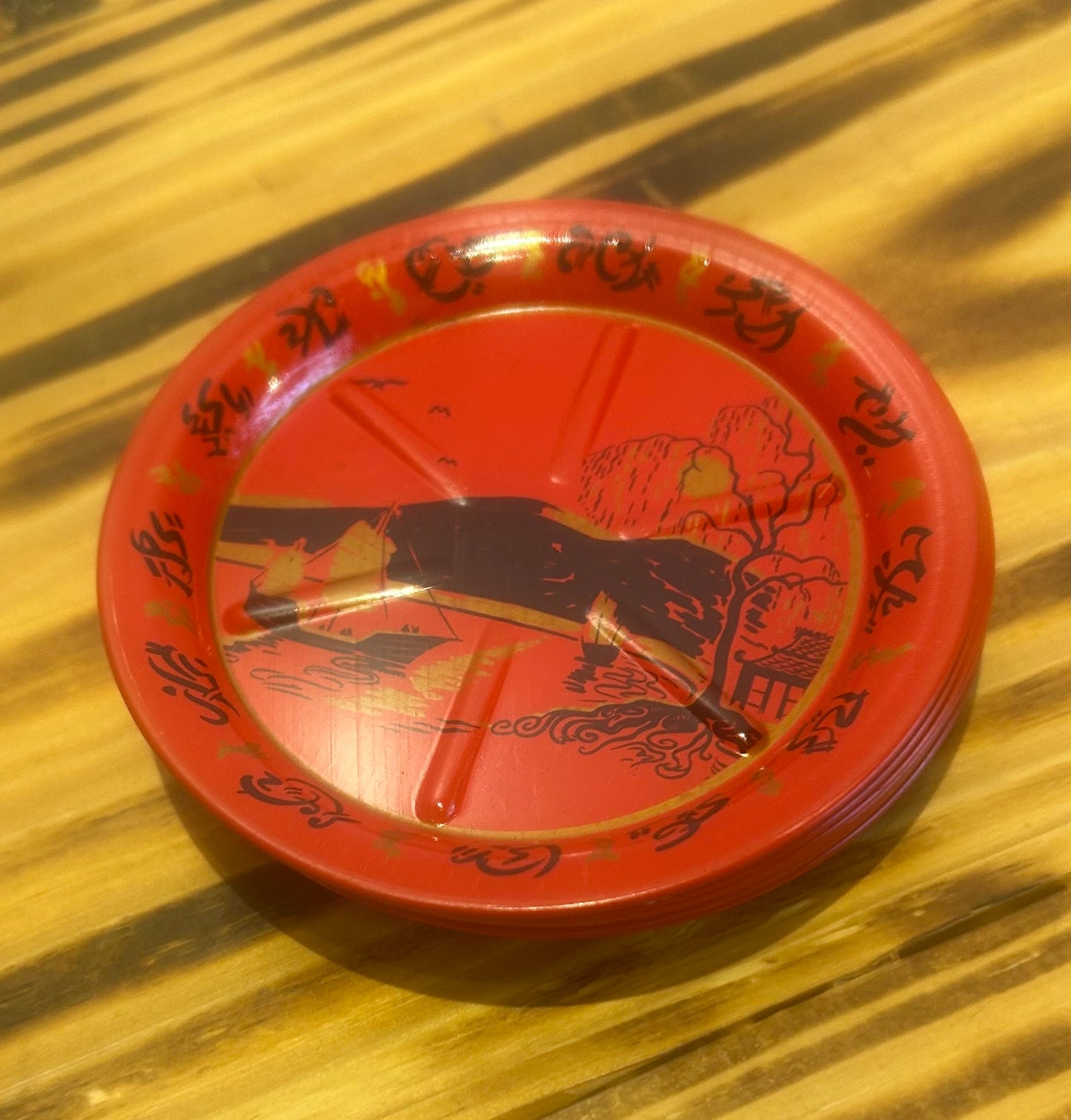 Red Coasters - Midcentury Asian Landscape - set of 8