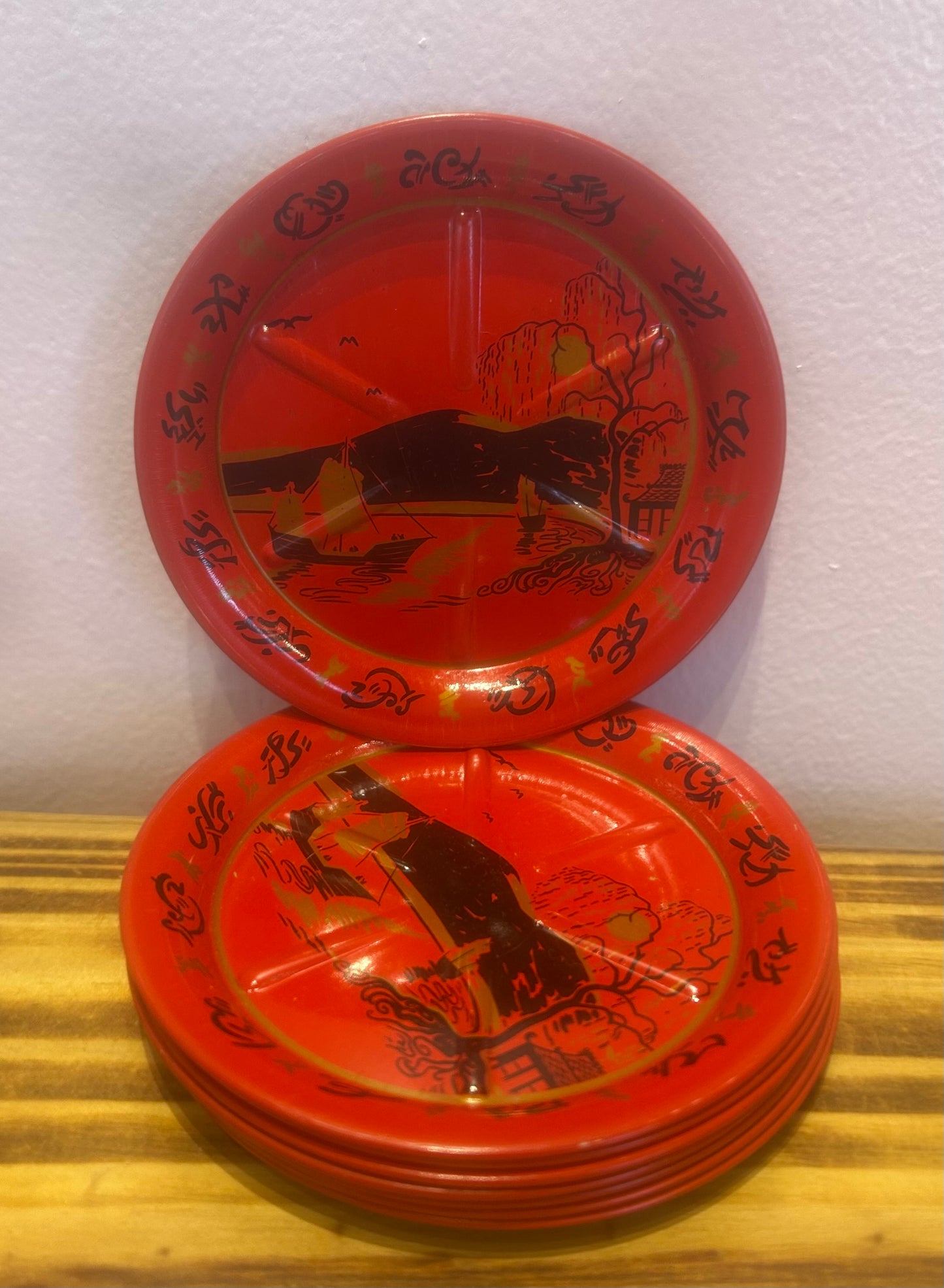 Red Coasters - Midcentury Asian Landscape - set of 8
