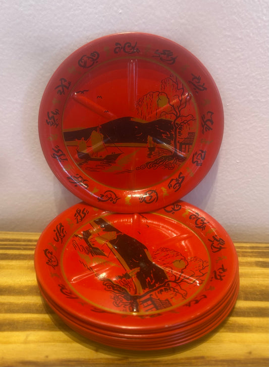 Red Coasters - Midcentury Asian Landscape - set of 8